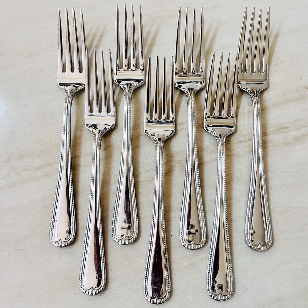 7pc WALLACE Newcastle Fork 7 1/4” Stainless Glossy Bead Outline Round Tip 18/0